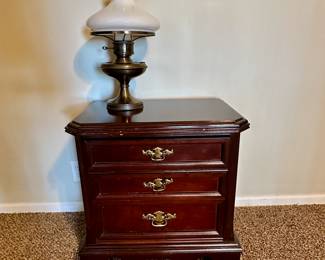 Bassett cherry Eden House nightstand (only one available).  Vintage hurricane lamp with milk glass shade.