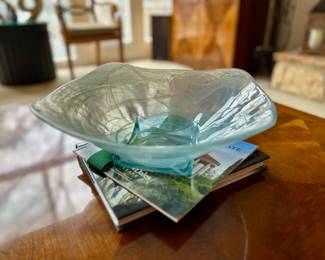 Aqua-blue and white swirl square-form bowl made in Spain.