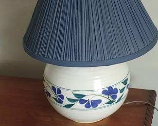 Small white desk lamp with blue flowers and shade