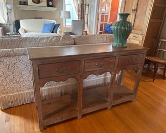 $260 Pine 3 drawer console/kitchen hutch )Welsh Dresser). Photo of top of hutch in another photo. console: 57"w x 15"d x 33"h