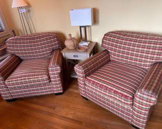 $400/pair Two custom upholstered arm chairs. 39"w x 36"d x 35"h.