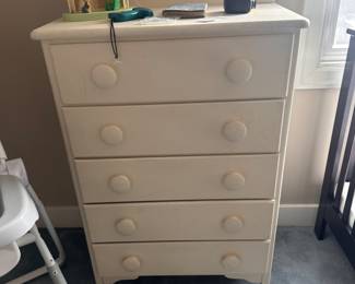 $50. Vintage painted white wood 5 drawer chest. 28" x 15.5" x 43"h.
