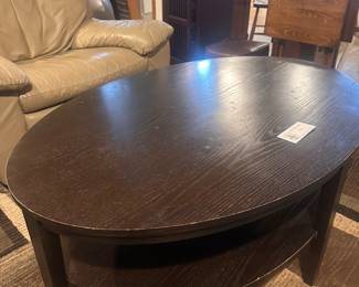 $30. Wood coffee table with bottom shelf. as found. 46.5"w x 31"d x 18"h.