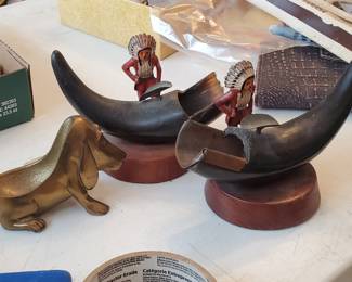 Unique Indian pair of figures (pipe holders?)  Brass hound