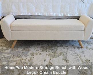 HomePop Modern Storage Bench with Wood Legs Cream Boucle