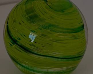 Hand Blown Glass Paperweight with Green Swirls