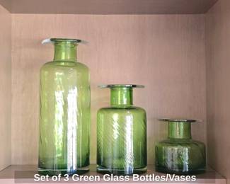 Set of Green Glass Bottles or Vases