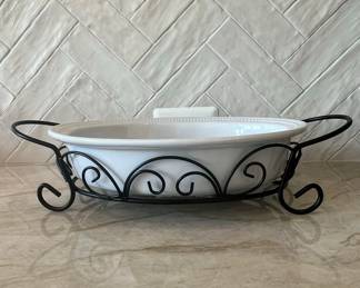 Certified International White Oval Casserole Dish with Black Metal Stand