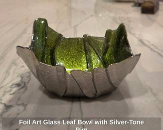 Foil Art Glass Leaf Bowl with SilverTone Rim