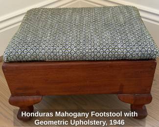 Honduras Mahogany Footstool with Geometric Upholstery, 1946