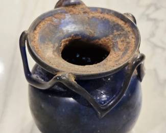 Art Nouveau Cobalt Blue Ceramic Vase with Applied Overlay