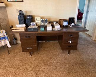 Blue tooth speaker, and other speakers, vintage office desk