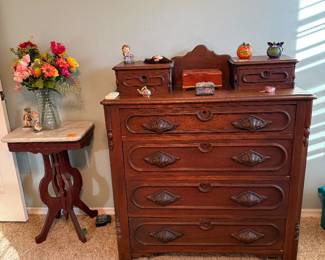 Victorian step back chest of drawers, marble top stand