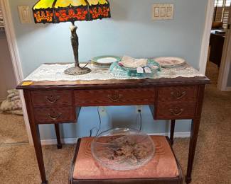 Desk, slag glass art nouveau older stained glass lamp, needlepoint bench