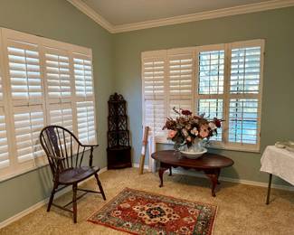Antique Windsor bowl back rush seat chair, chinese chippendale corner etagere, signed Virginia Chen print, Queen Anne coffee table, small Turkish rug
