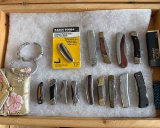 2 Judith Ripken sterling cuff bracelets & Some of the many pocketknives