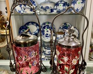 Cranberry glass pickle caster with pickle finial $250.   Cranberry glass pickle caster with bird finial 