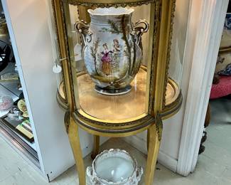 Tall lemon gilt quatrefoil display cabinet 22.5” x 43” 
