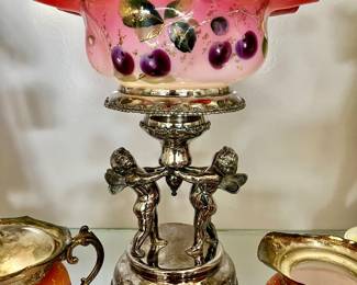 Monumental silverplated fairy and painted cranberry glass brides basket 13.5”