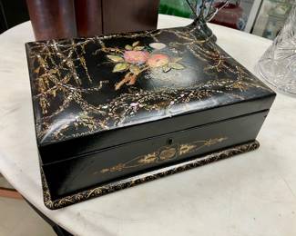 English paper mache jewelry box with mother of pearl inlay 