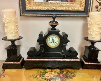 Black slate and marble clock and garniture set 