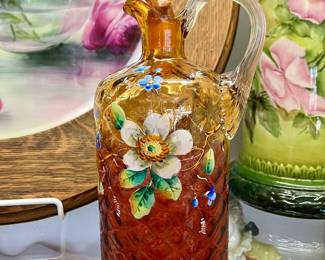 Phoenix painted amberina glass decanter 8.75”
