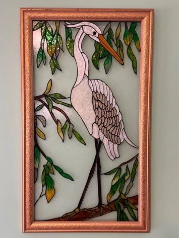 Framed faux stained glass heron