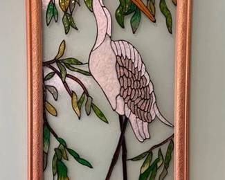Framed faux stained glass heron