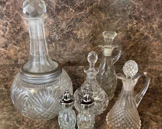 Vintage glass decanter and various cruets