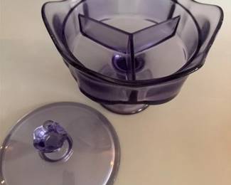 1960s Viking glass teaberry purple divided pedestal dish
