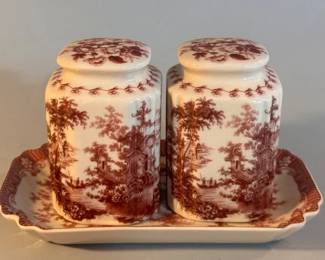 Red transferware square salt and pepper set with tray