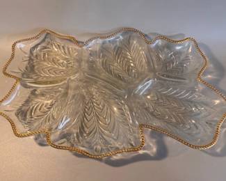 Vintage Jeannette glass 6 section leaf serving tray with gold trim