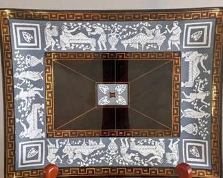 MCM Cera glass etruscan frieze smoked glass tray (pictured on a stand)
