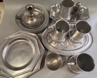 Various pewter pieces, salt and pepper set, and cup. Ametale Metal plates