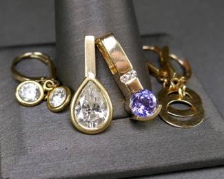 /4 CT Each Diamond Earrings, 1.86 CT Pear Shape SI, G Pendant, Tanzanite Pendant, and 14k Circle Earrings