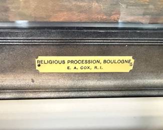 Entitled "Religious Procession, Boulogne" Signed E.A. Cox, R.I. (Royal Institute of Painters in Water Colours)