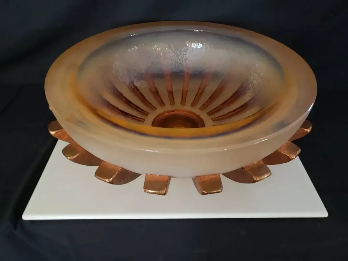 George Bucquet Art Glass Copper Ribbed Bowl on Stand
