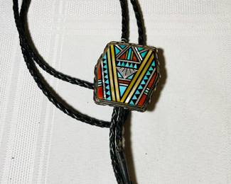 Vintage Bolo ties made of leather, with sterling and malachite & turquoise stones 