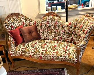 1920’s hand carved Victorian  style loveseat with tufted