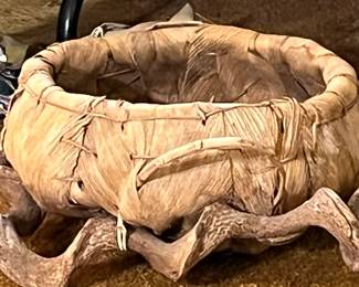 Southwestern Native American hand woven basket from palm frond fibers and banana leaf. Base is most likely a type of vine, root, or driftwood