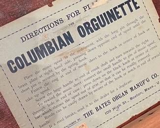 Antique hand cranked mechanical reed organ, made in Boston by Bates Organ Manufacturing Co., circa 1880’s