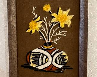 Framed crewel embroidery “Indian Vase with Thistles”