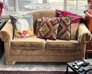 Matching light brown/tan microfiber upholstered sofa and loveseat