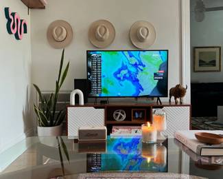 vintage coffee table, decorative western items, books, rugs 