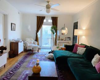 Living room rug, curtains, mirror, lamps, furniture, vintage