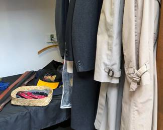 Men's jackets: denim leather, fleece, Lands End winter jacket, London Fog overcoat, raincoats, men's suits
Ballcaps, bow ties fleece, gloves belts
Men's leather boots size 8.5: Lucchese, Nocona, Dan Post