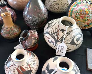 Mata Ortiz pottery, including works by Porfirio “Pilo” Mora, A. Quezada, L. Quezada, Jesus Ortiz, Naty Ortiz, Ana Trillo, Ruben Rodriguez, Martha Martinez Dominguez