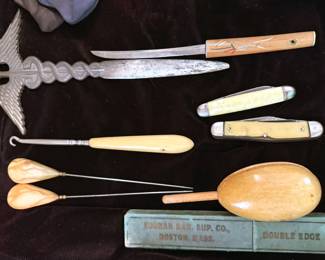 Vintage hat pins, tatting accessories, letter openers, pocket knives