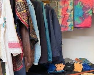 Men's jackets: denim leather, fleece, Lands End winter jacket, London Fog overcoat, raincoats, men's suits
Ballcaps, bow ties fleece, gloves belts
Men's leather boots size 8.5: Lucchese, Nocona, Dan Post