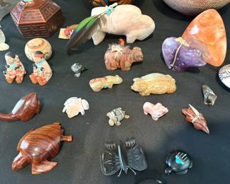 Zuni fetishes, including butterfly by Jonathan Natewa and Doug Hyde (Assiniboine/Nez Perce/Chippewa) Sunrise orange alabaster sculpture